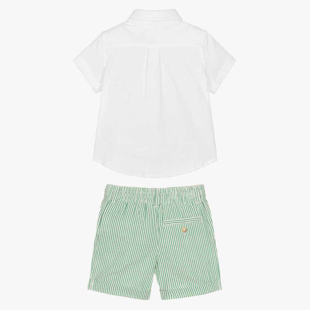 Ralph Lauren-Baby Boys White & Green Striped Cotton Shorts Set | Childrensalon