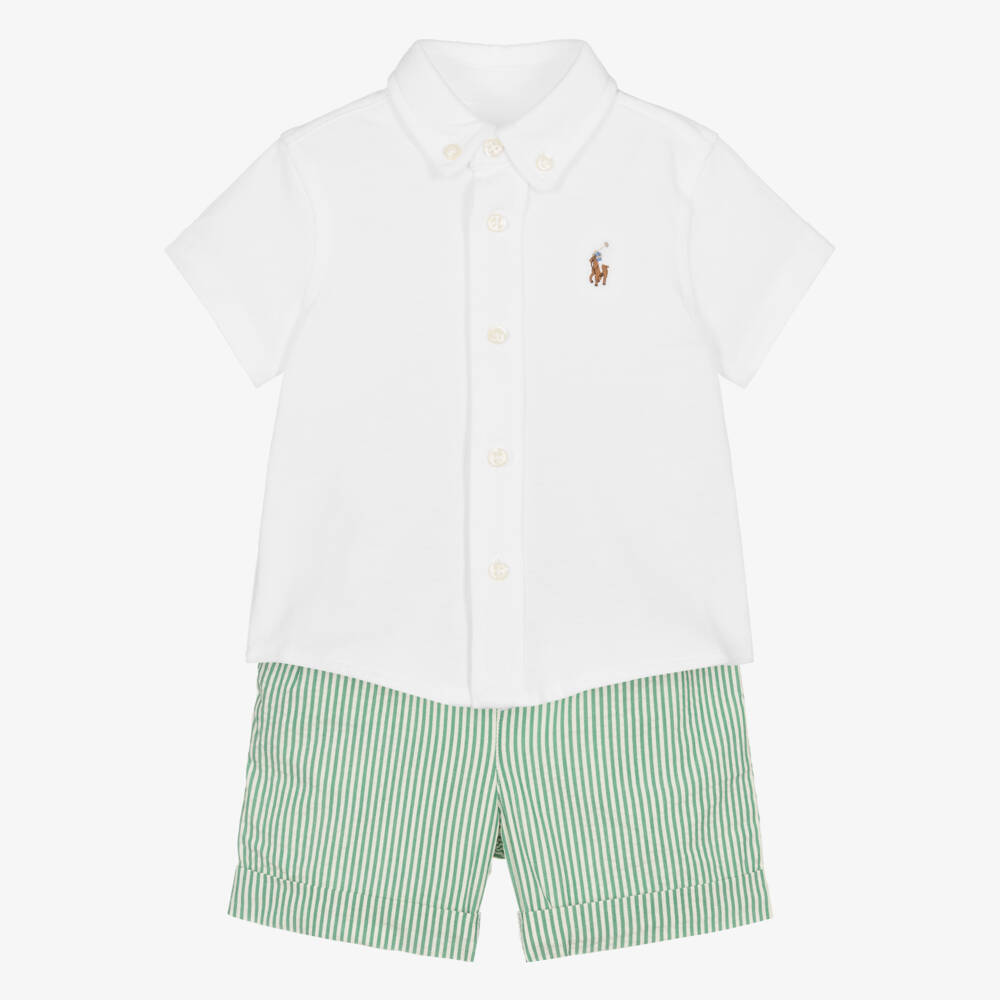 Ralph Lauren-Baby Boys White & Green Striped Cotton Shorts Set | Childrensalon