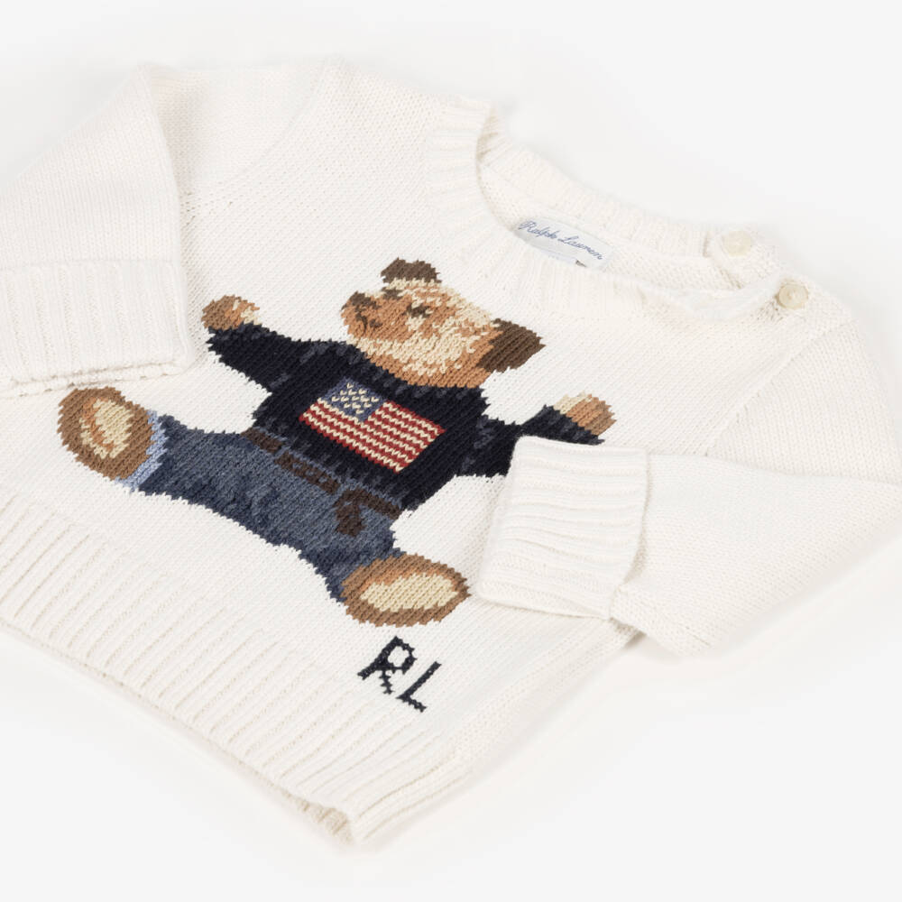 Ralph Lauren-Baby Boys White Polo Bear Knit Trouser Set | Childrensalon
