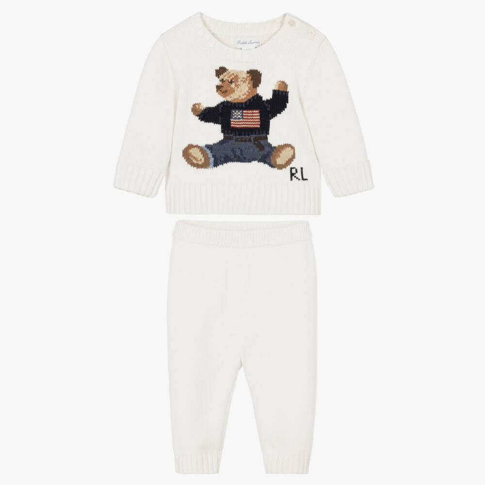 Ralph Lauren-Baby Boys White Polo Bear Knit Trouser Set | Childrensalon