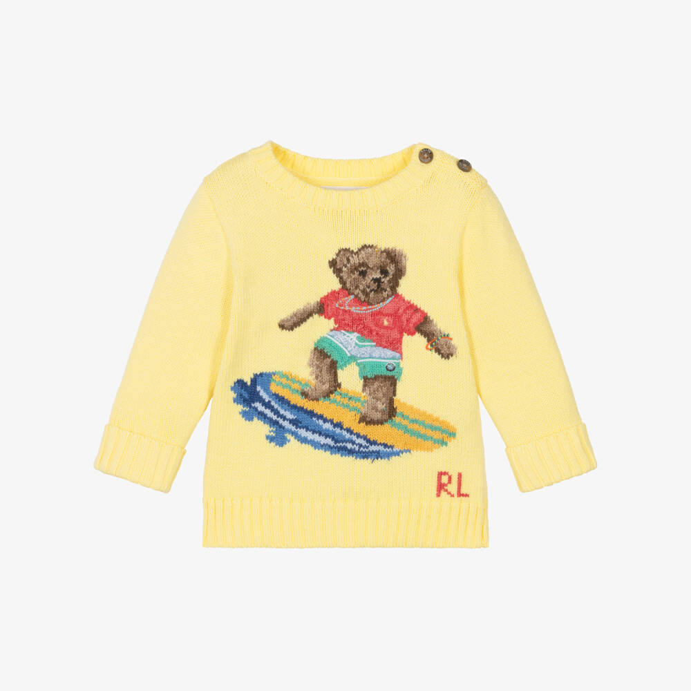 Ralph Lauren-Baby Boys Yellow Surfing Polo Bear Cotton Sweater | Childrensalon