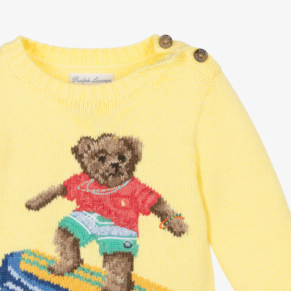 Ralph Lauren-Baby Boys Yellow Surfing Polo Bear Cotton Sweater | Childrensalon