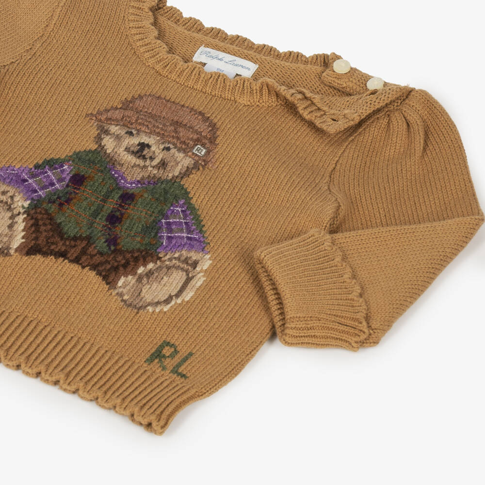 Ralph Lauren-Baby Girls Beige Polo Bear Knit Sweater | Childrensalon