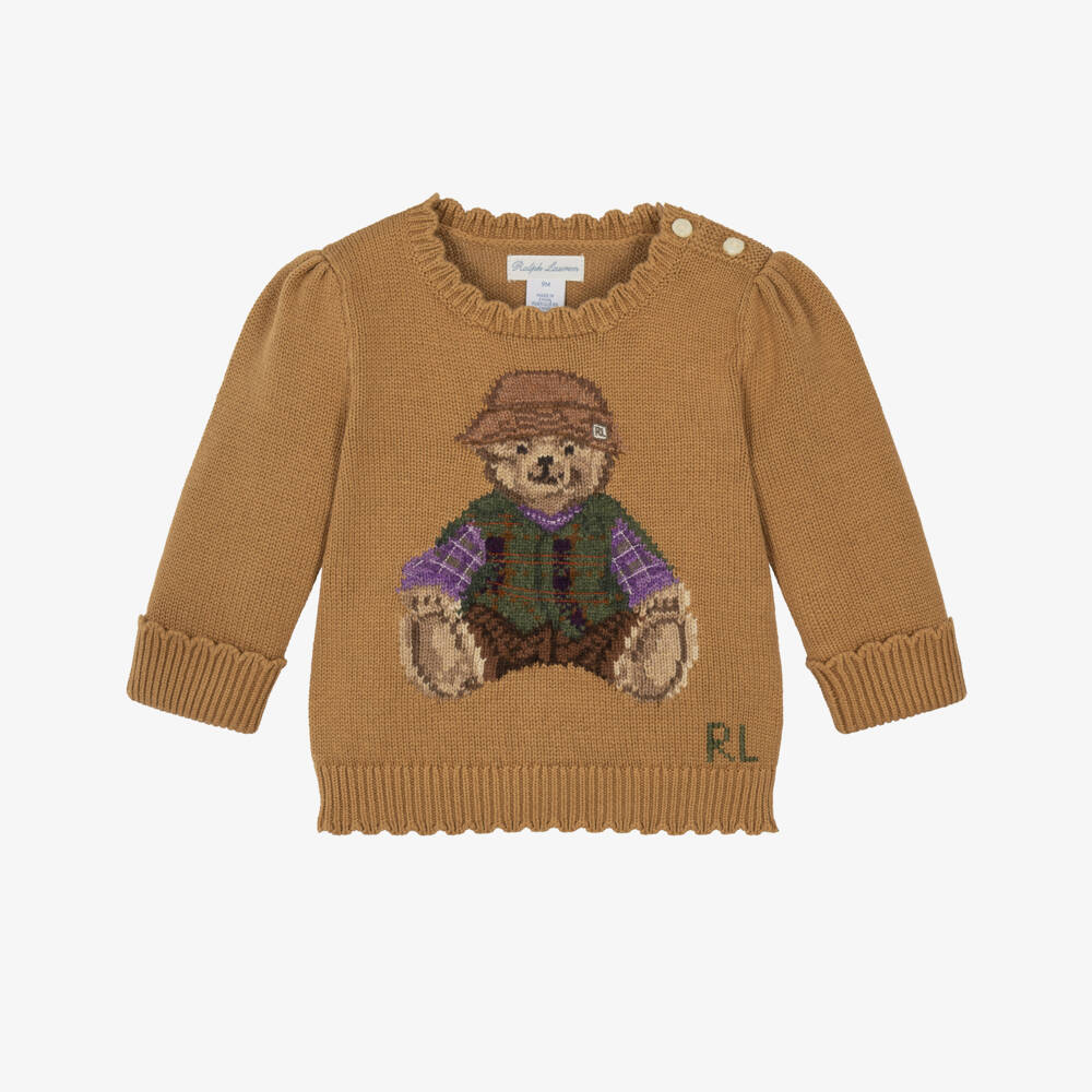 Ralph Lauren-Baby Girls Beige Polo Bear Knit Sweater | Childrensalon