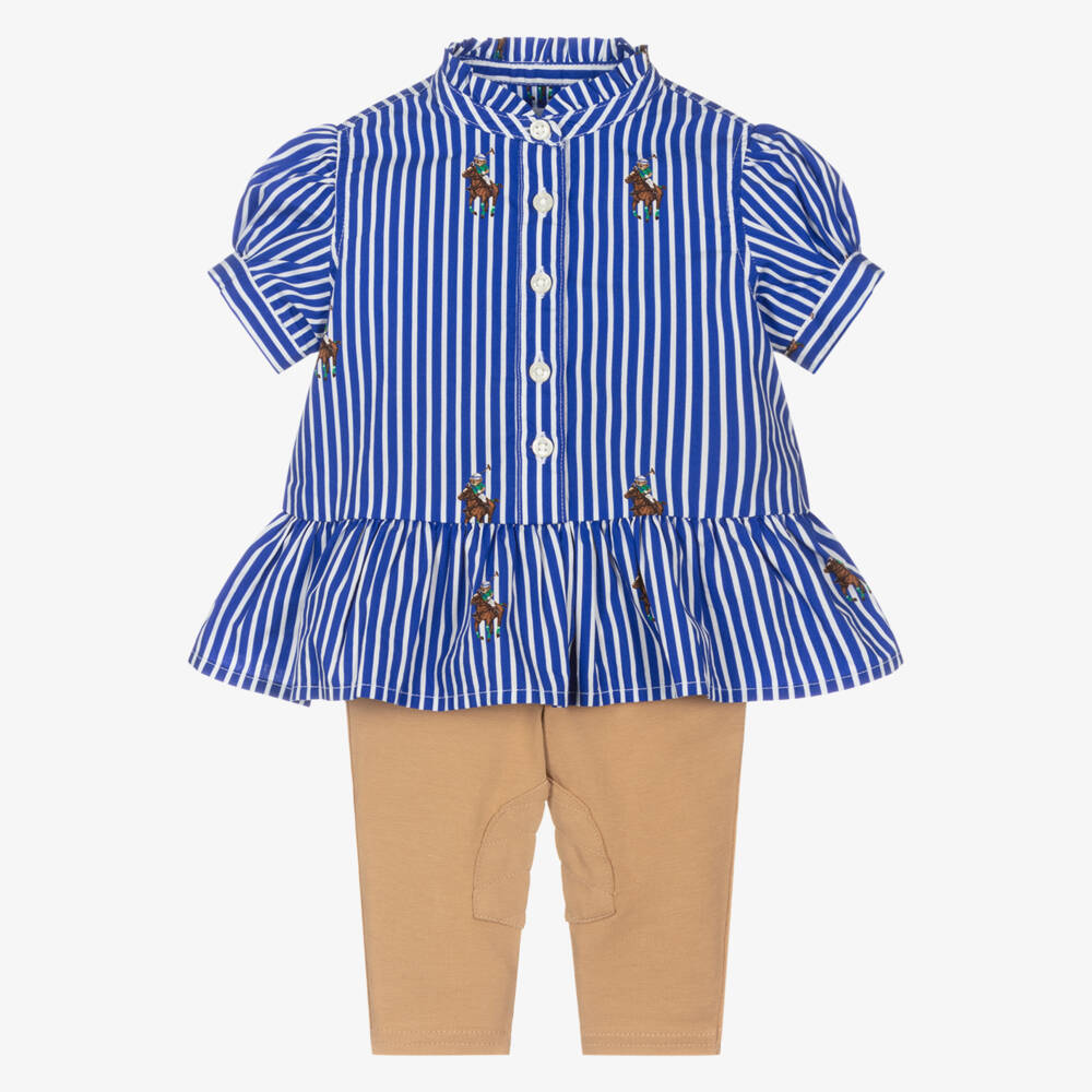 Ralph Lauren-Baby Girls Blue & Beige Cotton Polo Bear Leggings Set | Childrensalon