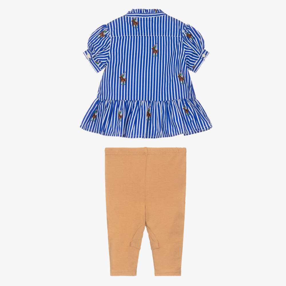 Ralph Lauren-Baby Girls Blue & Beige Cotton Polo Bear Leggings Set | Childrensalon