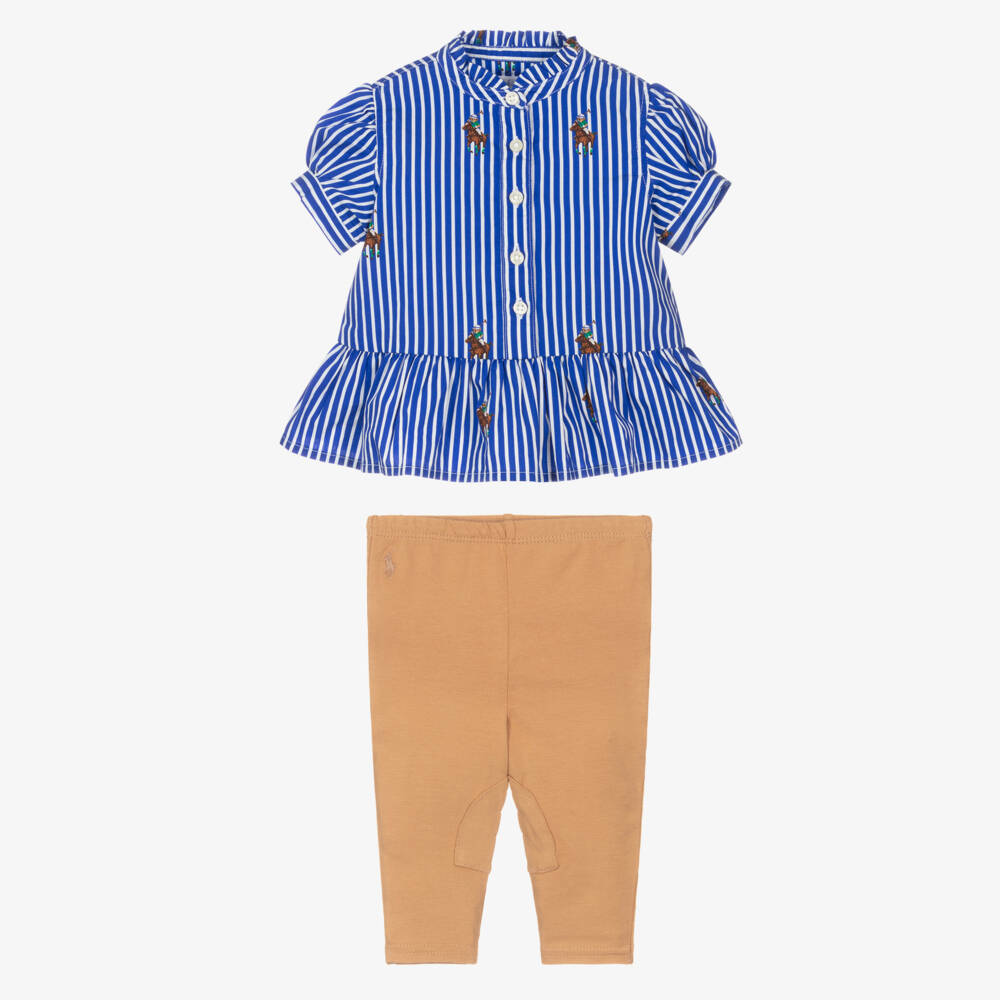Ralph Lauren-Baby Girls Blue & Beige Cotton Polo Bear Leggings Set | Childrensalon