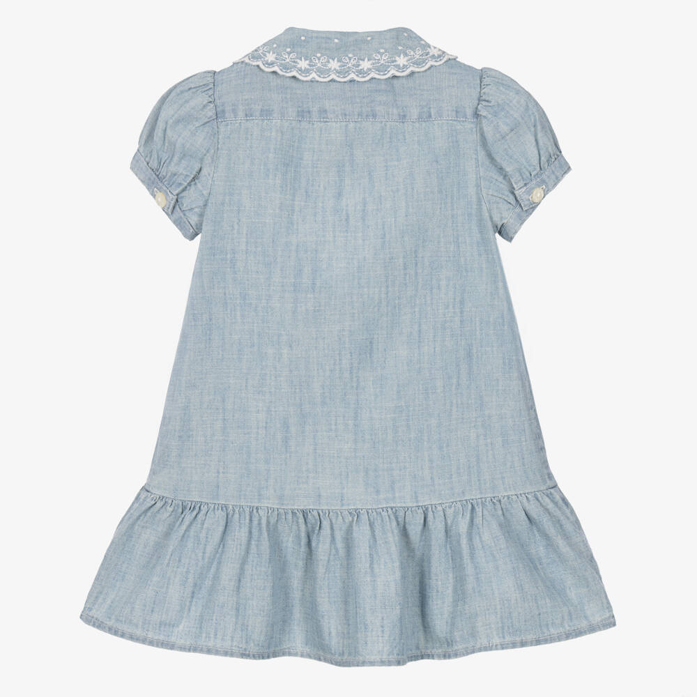 Ralph Lauren-Baby Girls Blue Chambray Dress with Frilled Hem | Childrensalon