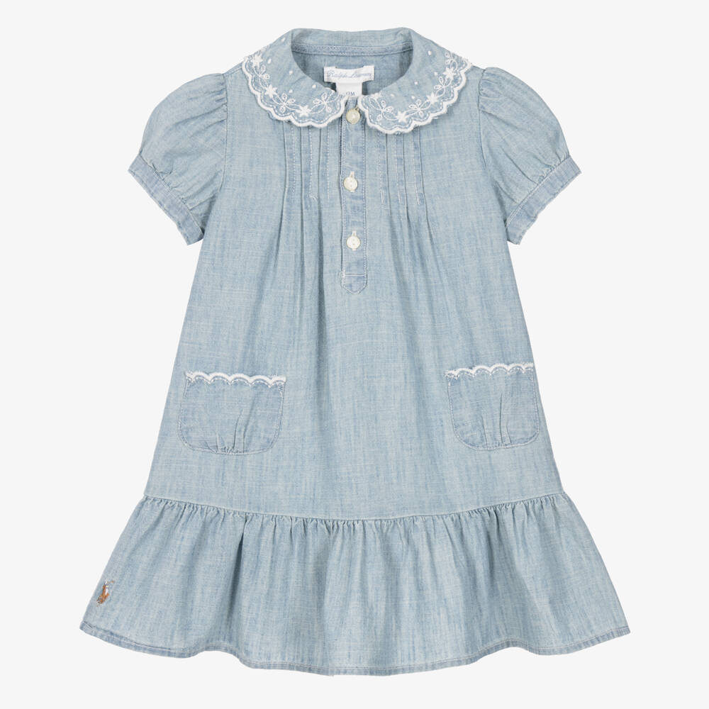 Ralph Lauren-Baby Girls Blue Chambray Dress with Frilled Hem | Childrensalon