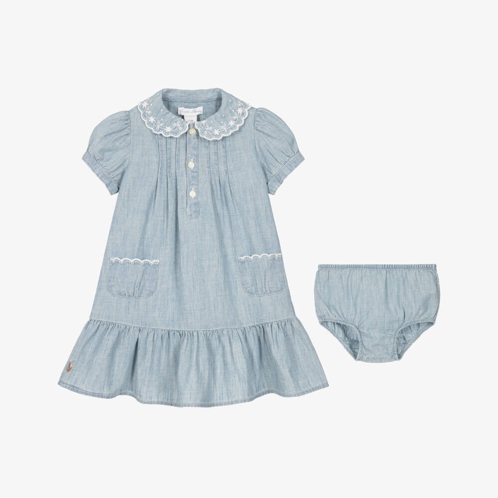 Ralph Lauren-Baby Girls Blue Chambray Dress with Frilled Hem | Childrensalon