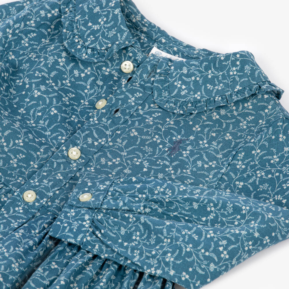 Ralph Lauren-Baby Girls Blue Cotton Floral Print Shirt Dress | Childrensalon