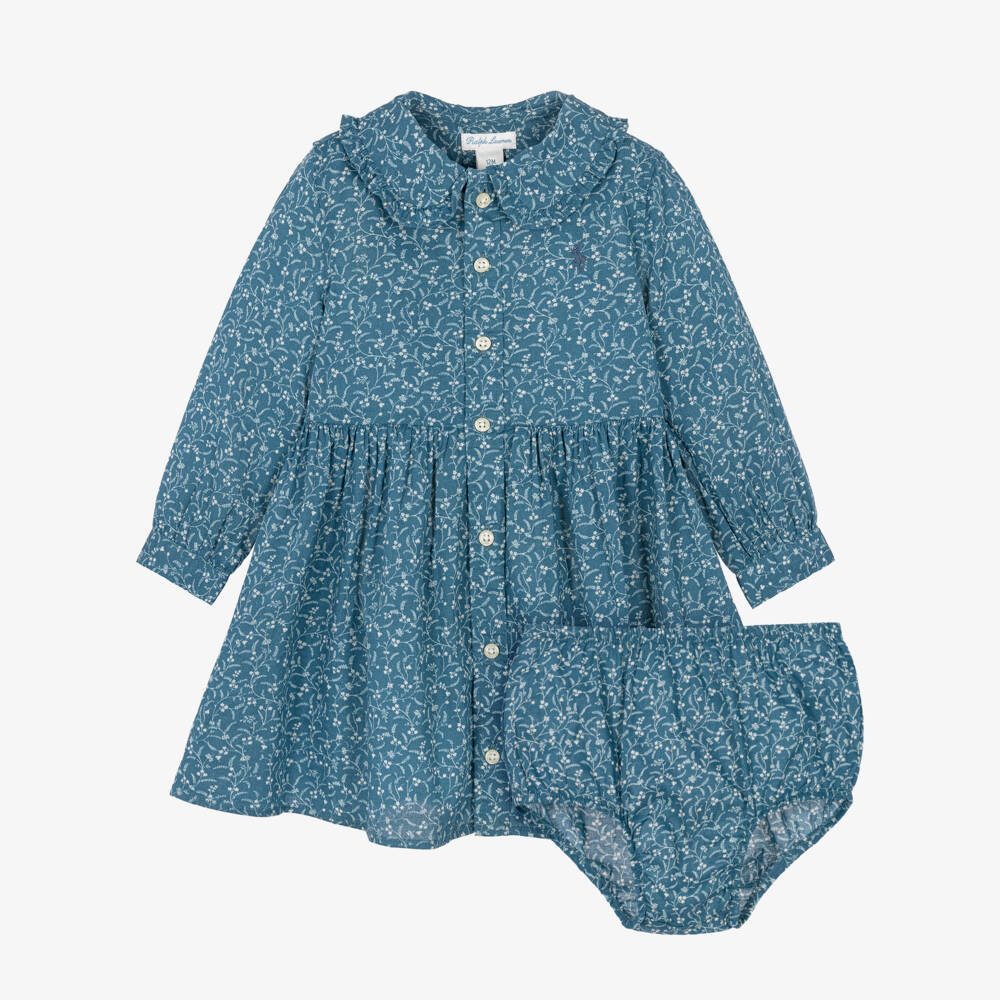 Ralph Lauren-Baby Girls Blue Cotton Floral Print Shirt Dress | Childrensalon