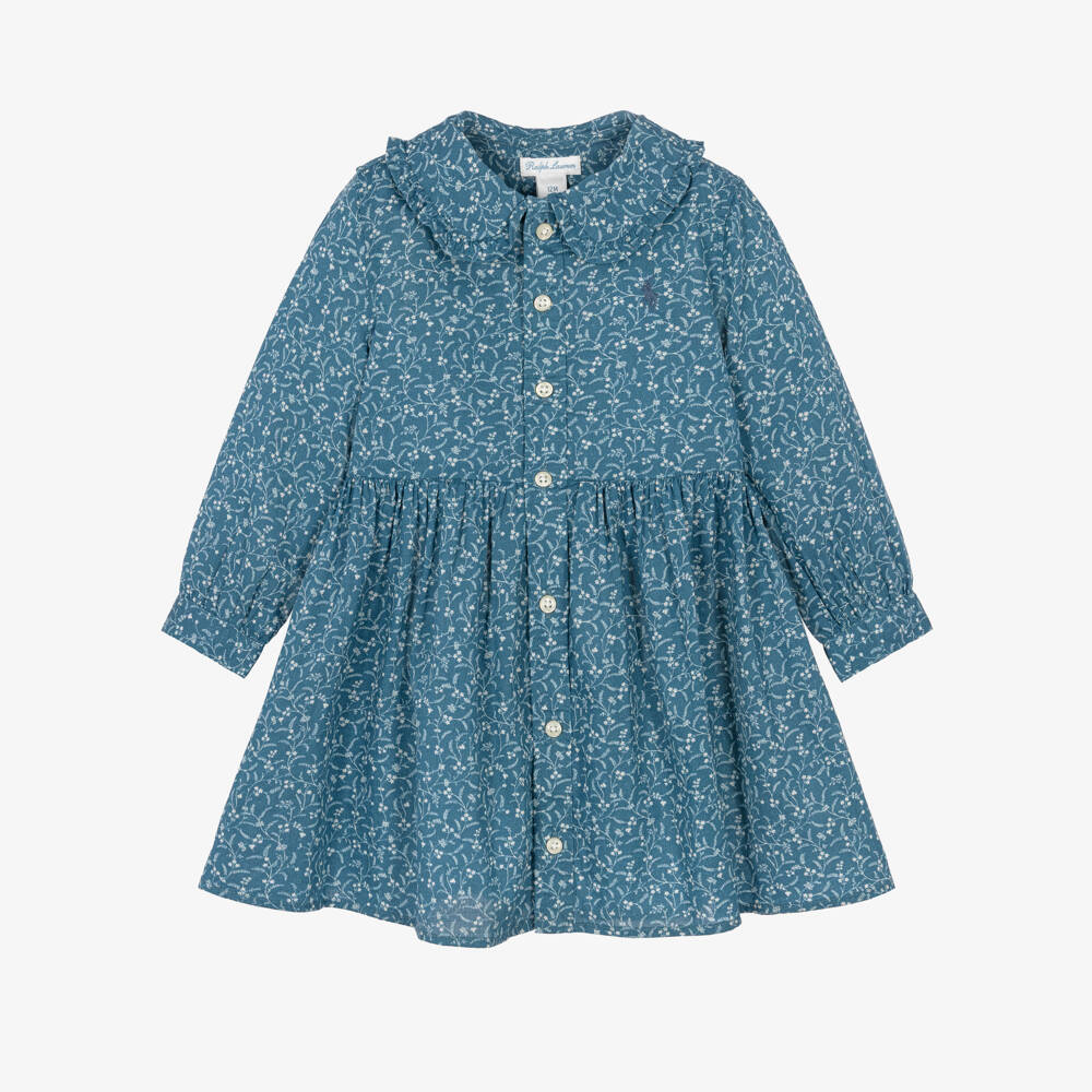 Ralph Lauren-Baby Girls Blue Cotton Floral Print Shirt Dress | Childrensalon