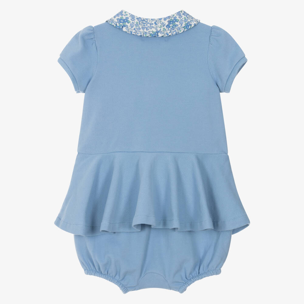 Ralph Lauren-Baby Girls Blue Cotton Piqué Shortie | Childrensalon