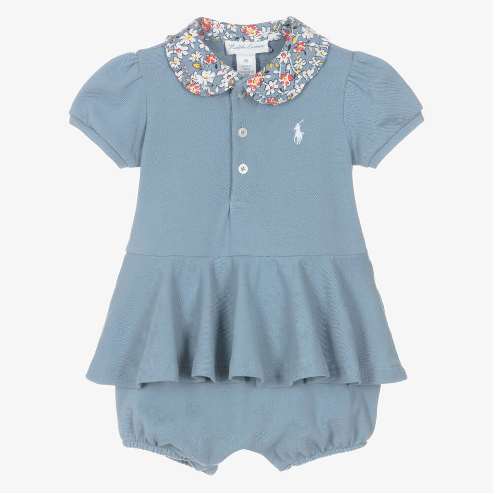 Ralph Lauren-Baby Girls Blue Cotton Piqué Shortie with Floral Collar | Childrensalon