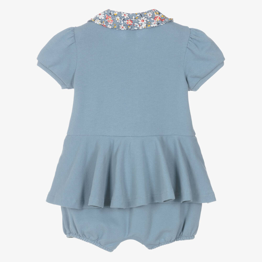 Ralph Lauren-Baby Girls Blue Cotton Piqué Shortie with Floral Collar | Childrensalon