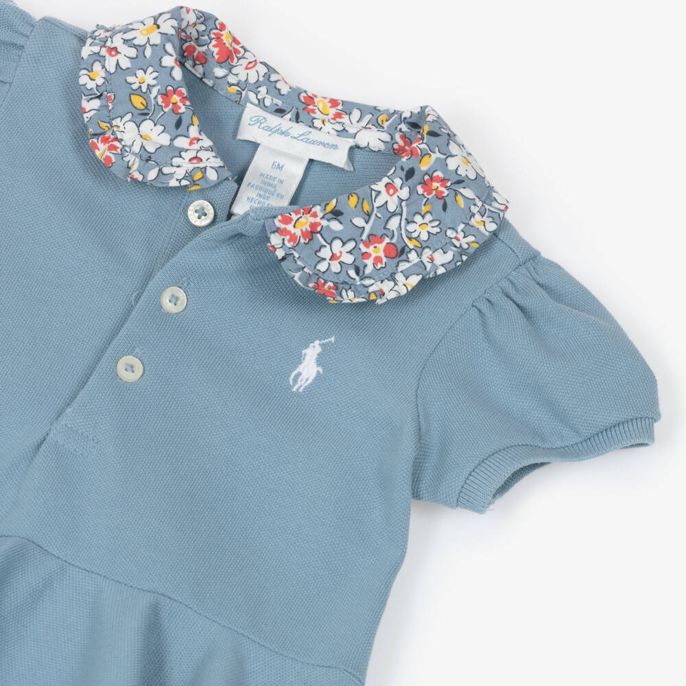 Ralph Lauren-Baby Girls Blue Cotton Piqué Shortie with Floral Collar | Childrensalon
