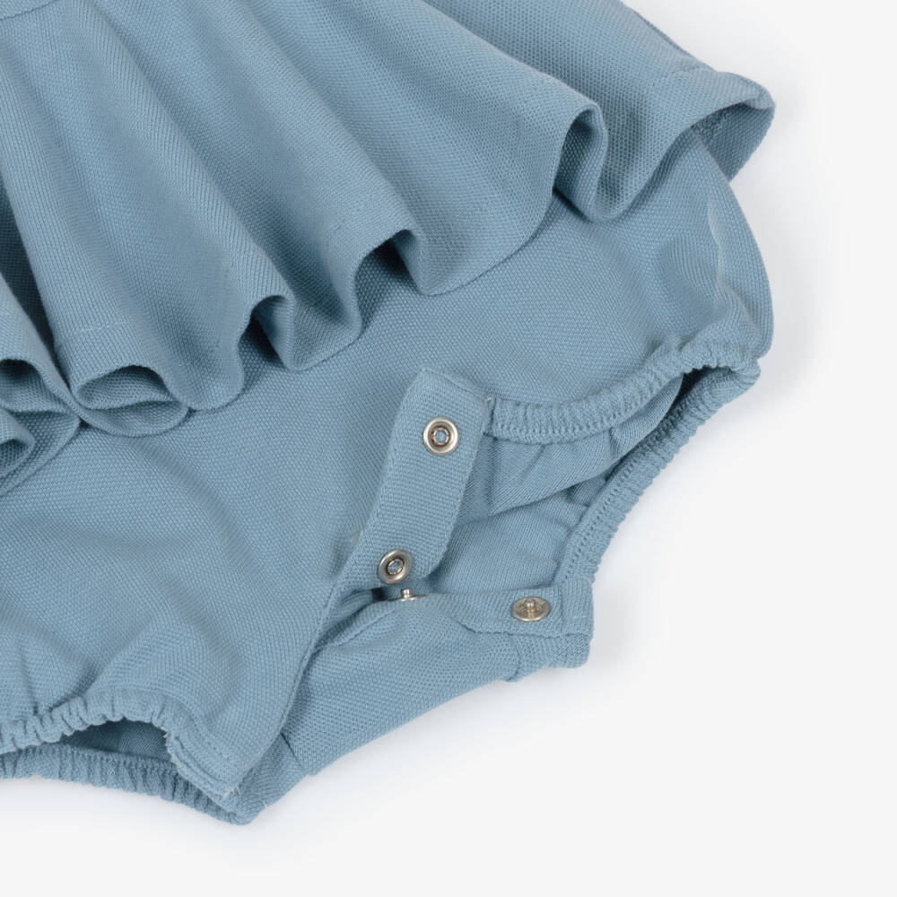 Ralph Lauren-Baby Girls Blue Cotton Piqué Shortie with Floral Collar | Childrensalon