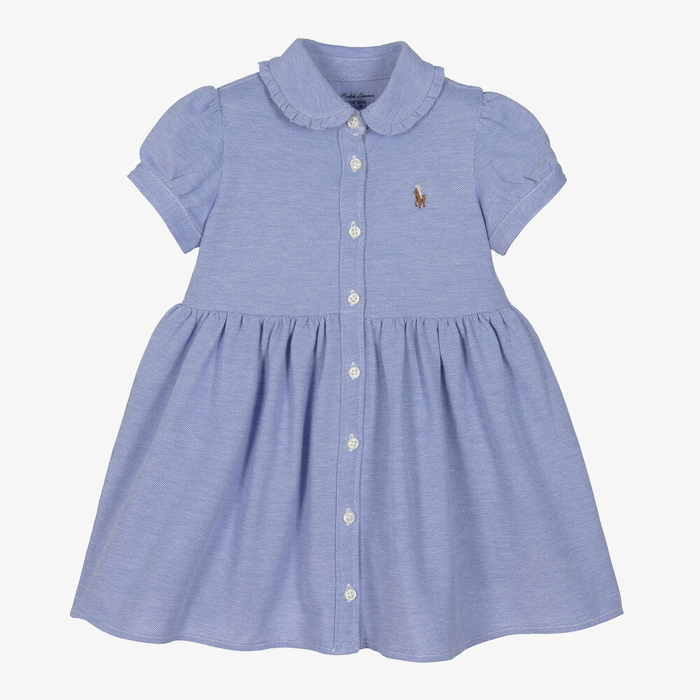 Ralph Lauren-Baby Girls Blue Cotton Polo Dress | Childrensalon