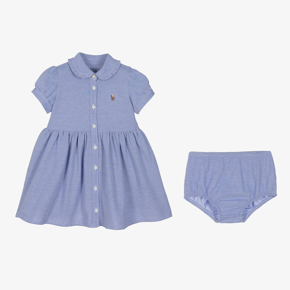 Ralph Lauren-Baby Girls Blue Cotton Polo Dress | Childrensalon