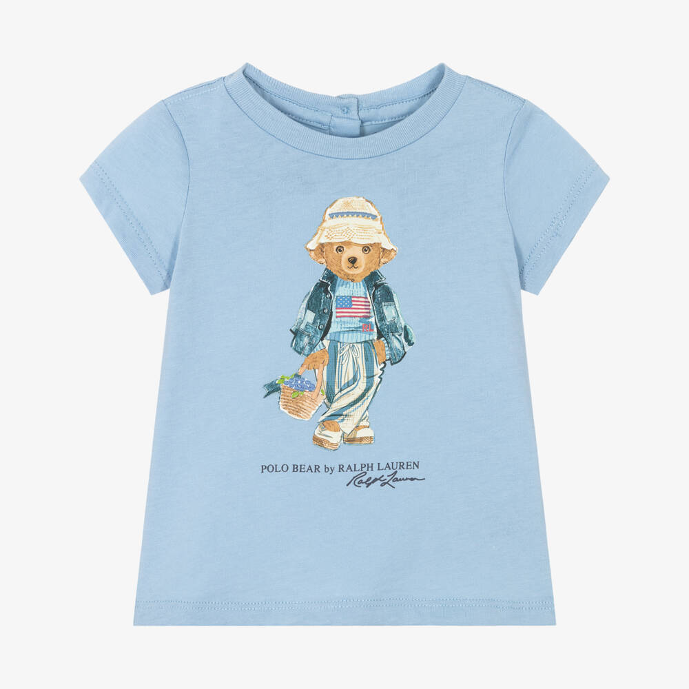 Ralph Lauren-Baby Girls Blue Cotton T-Shirt with Polo Bear Motif | Childrensalon