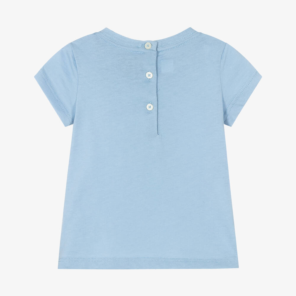 Ralph Lauren-Baby Girls Blue Cotton T-Shirt with Polo Bear Motif | Childrensalon