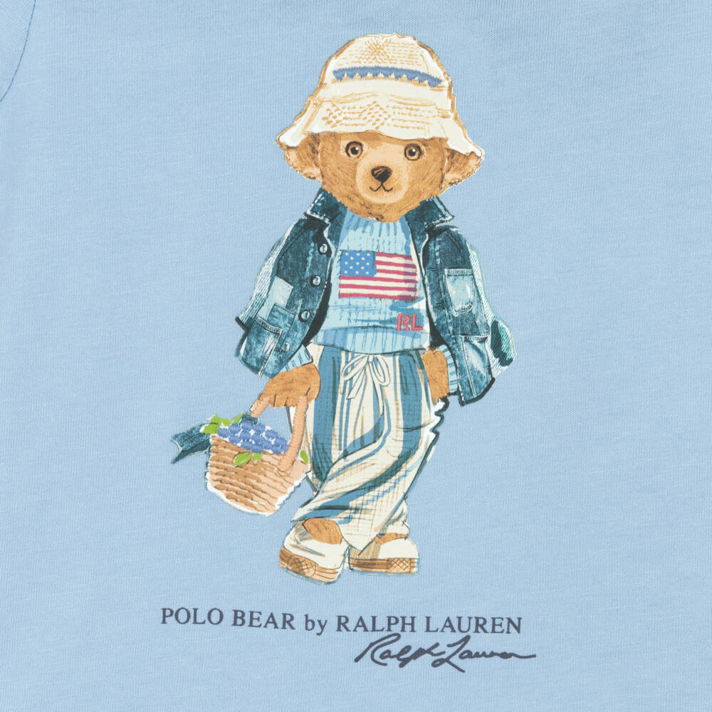 Ralph Lauren-Baby Girls Blue Cotton T-Shirt with Polo Bear Motif | Childrensalon