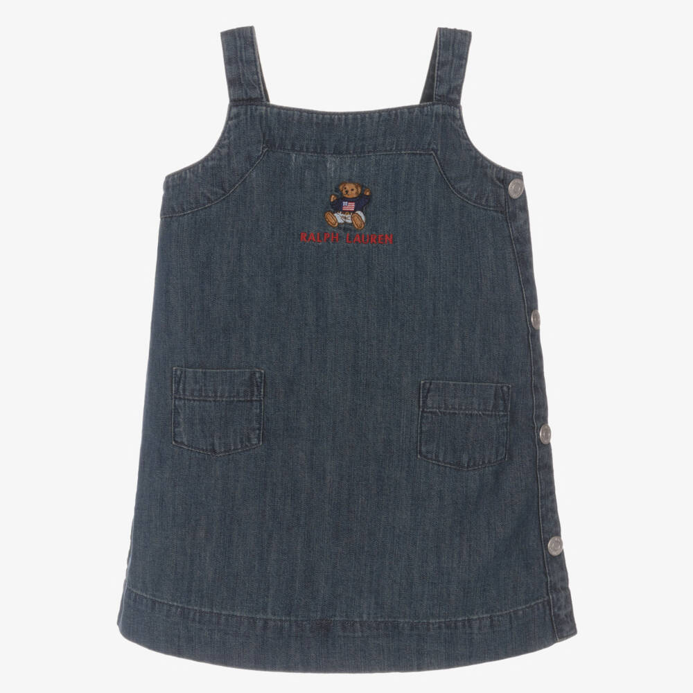 Ralph Lauren-Baby Girls Blue Denim Polo Bear Pinafore Dress | Childrensalon
