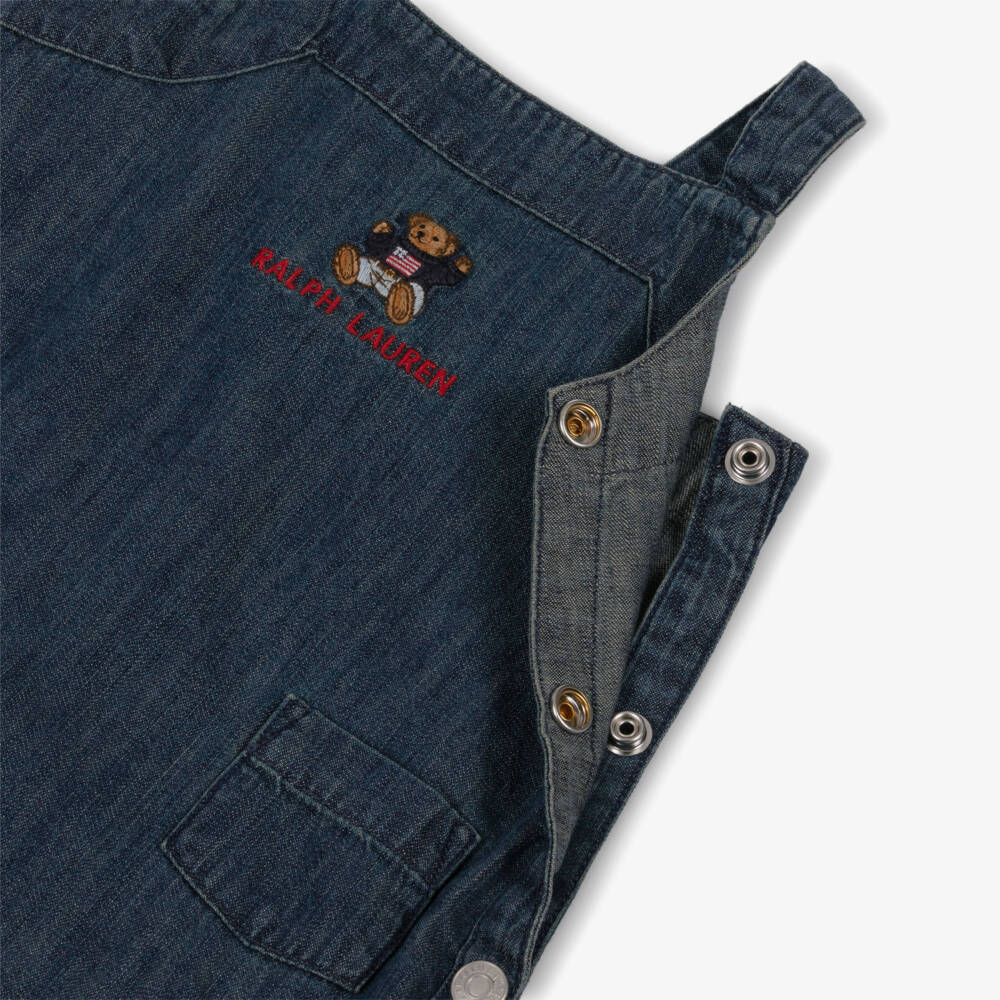 Ralph Lauren-Baby Girls Blue Denim Polo Bear Pinafore Dress | Childrensalon
