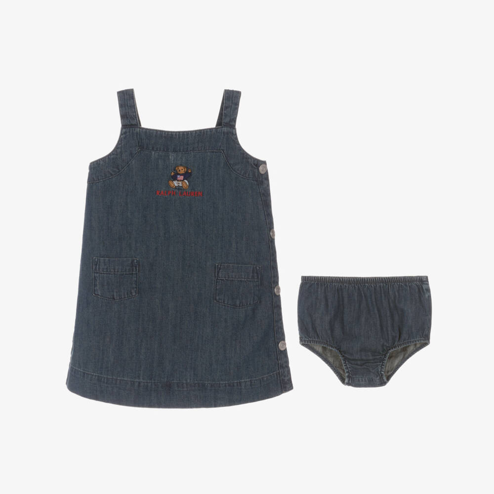 Ralph Lauren-Baby Girls Blue Denim Polo Bear Pinafore Dress | Childrensalon