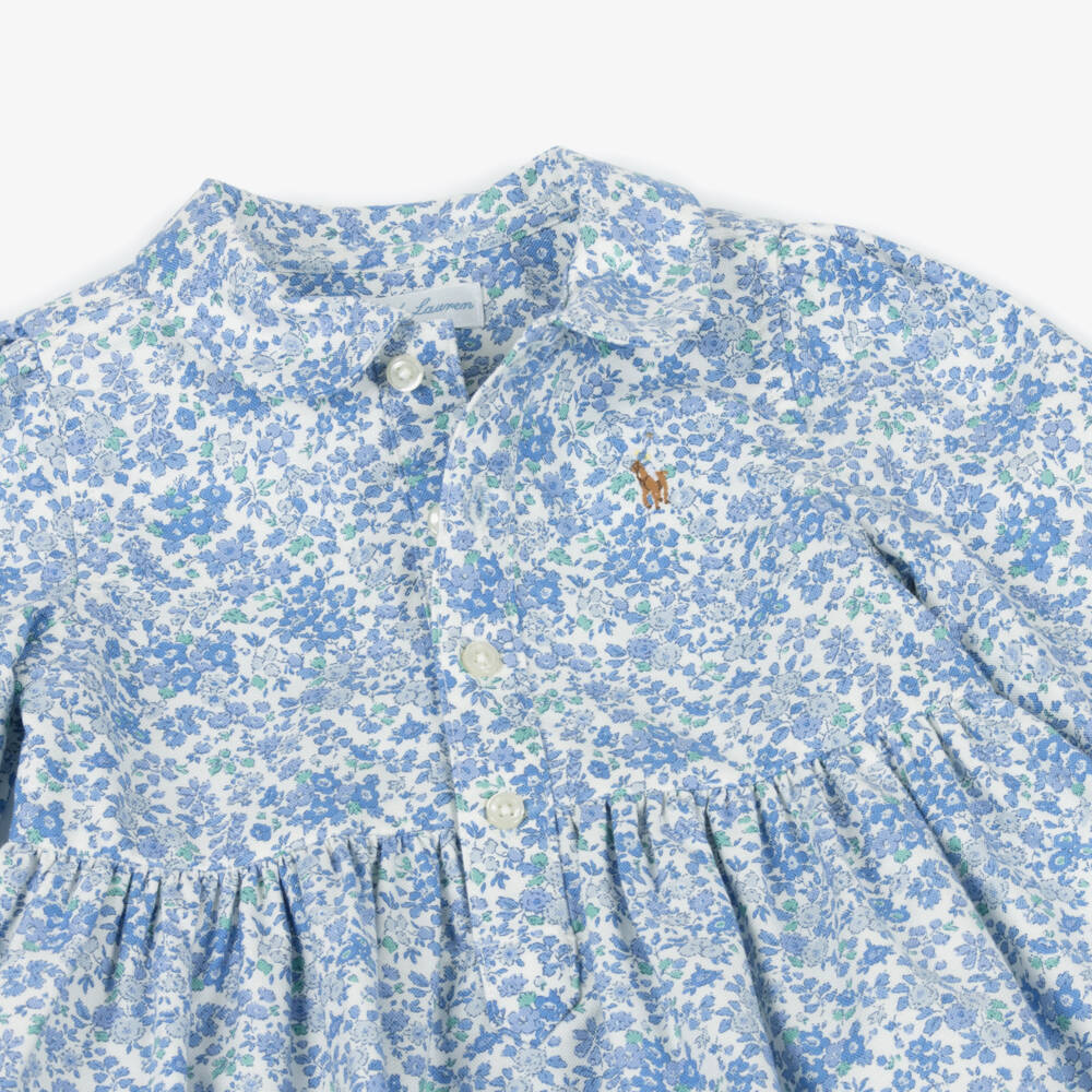 Ralph Lauren-Baby Girls Blue Floral Cotton Shirt Dress | Childrensalon