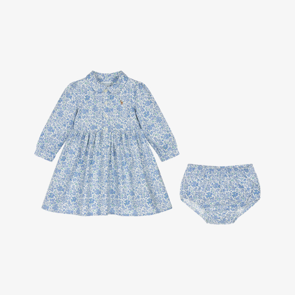 Ralph Lauren-Baby Girls Blue Floral Cotton Shirt Dress | Childrensalon