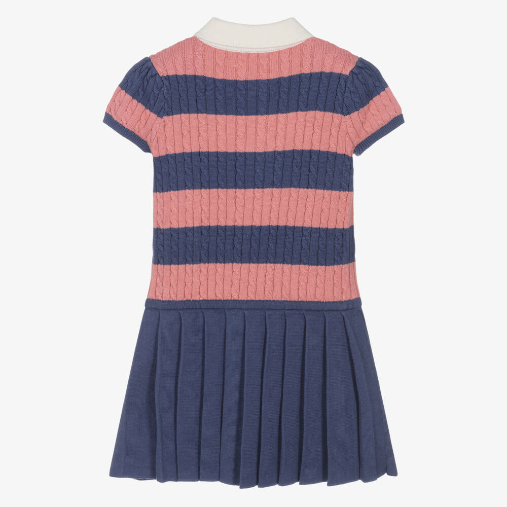 Ralph Lauren-Baby Girls Blue & Pink Striped Cotton Knit Polo Dress | Childrensalon