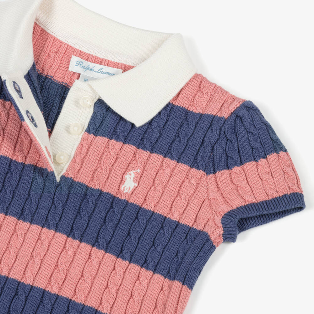 Ralph Lauren-Baby Girls Blue & Pink Striped Cotton Knit Polo Dress | Childrensalon