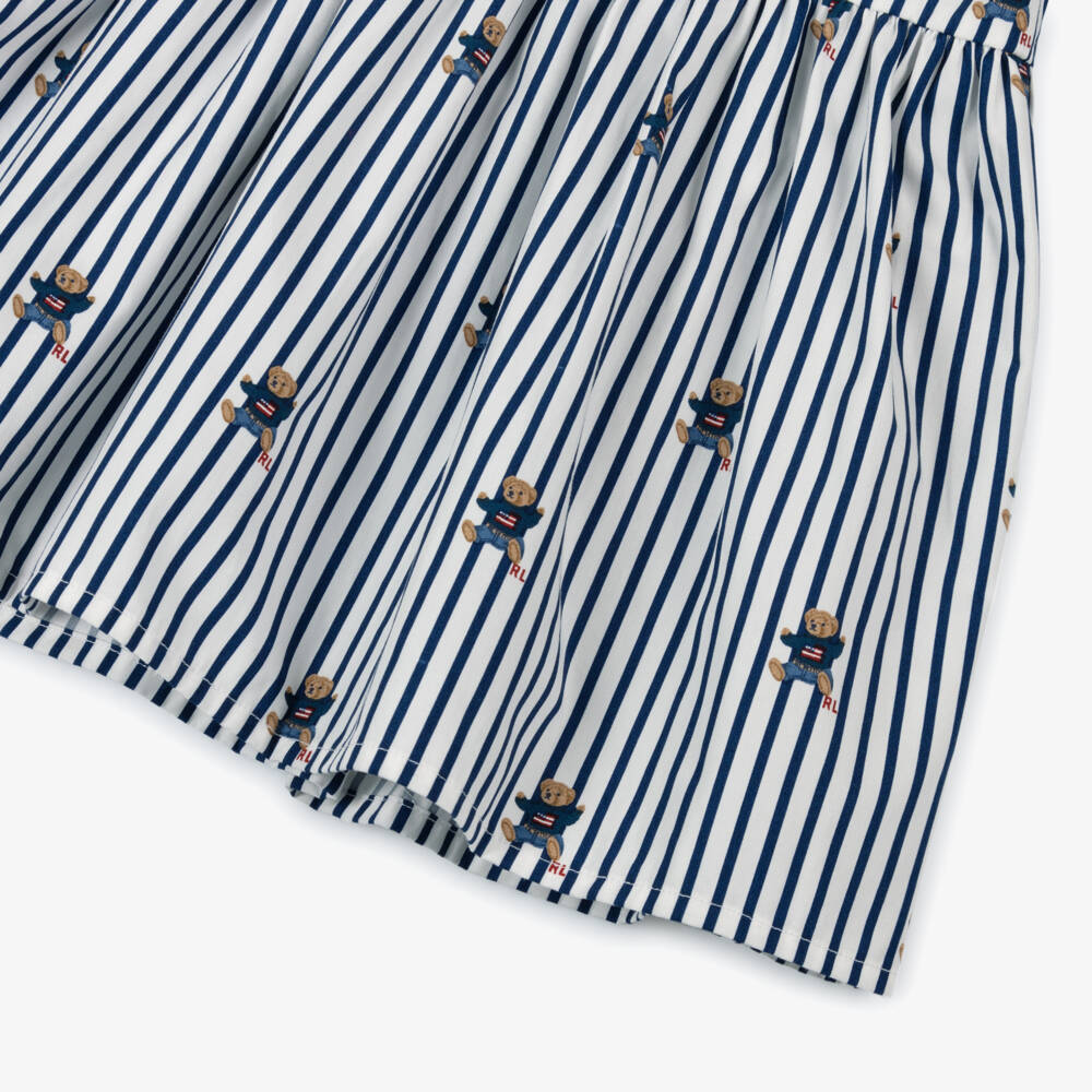 Ralph Lauren-Baby Girls Blue Stripe Cotton Dress with Polo Bear Print | Childrensalon