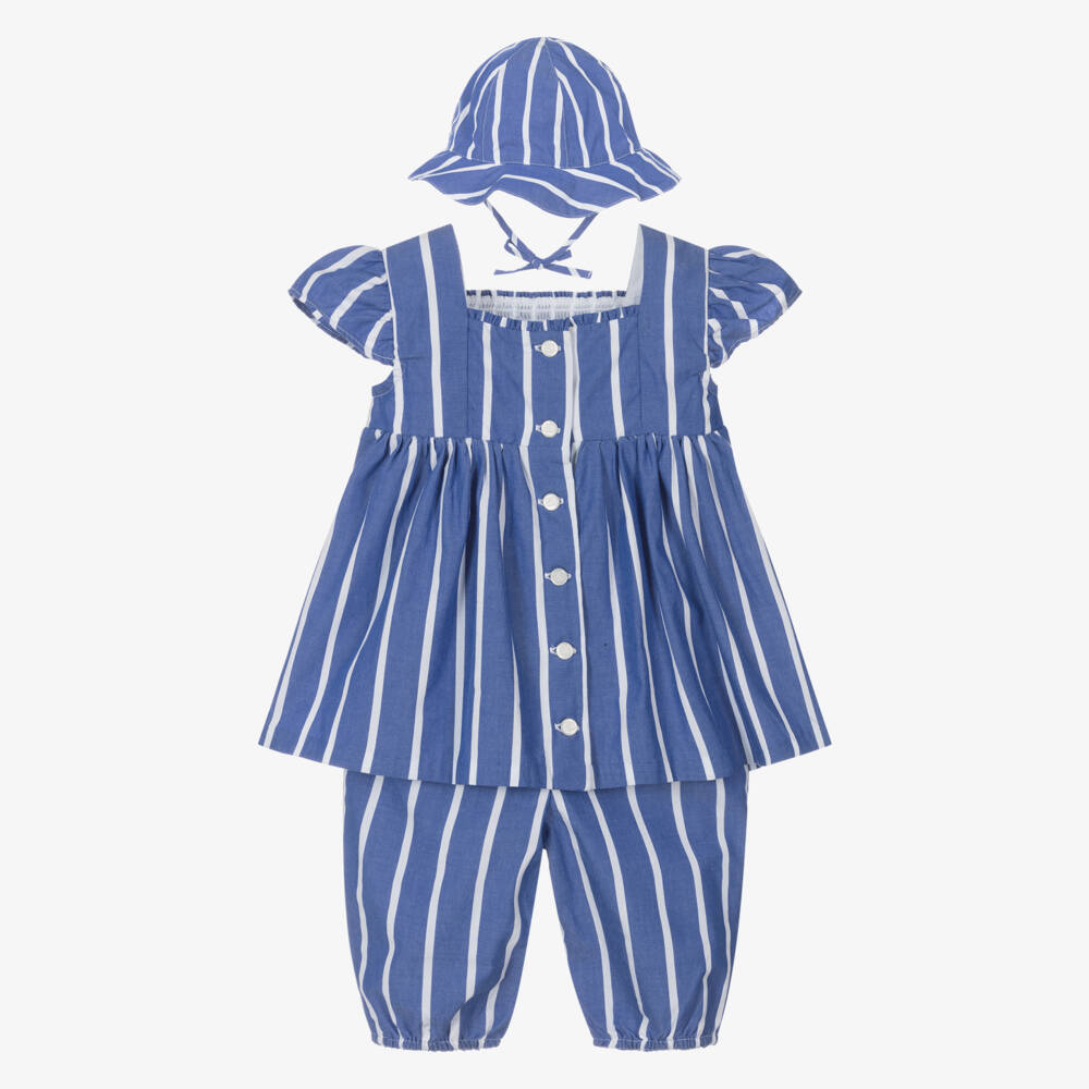 Ralph Lauren-Baby Girls Blue Striped Cotton Trouser Set | Childrensalon