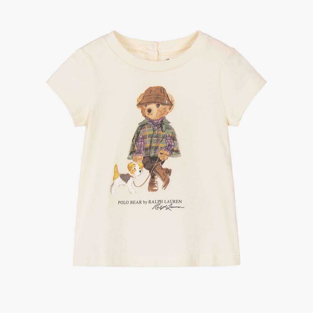 Ralph Lauren-Baby Girls Cream Polo Bear T-Shirt in Cotton Jersey | Childrensalon