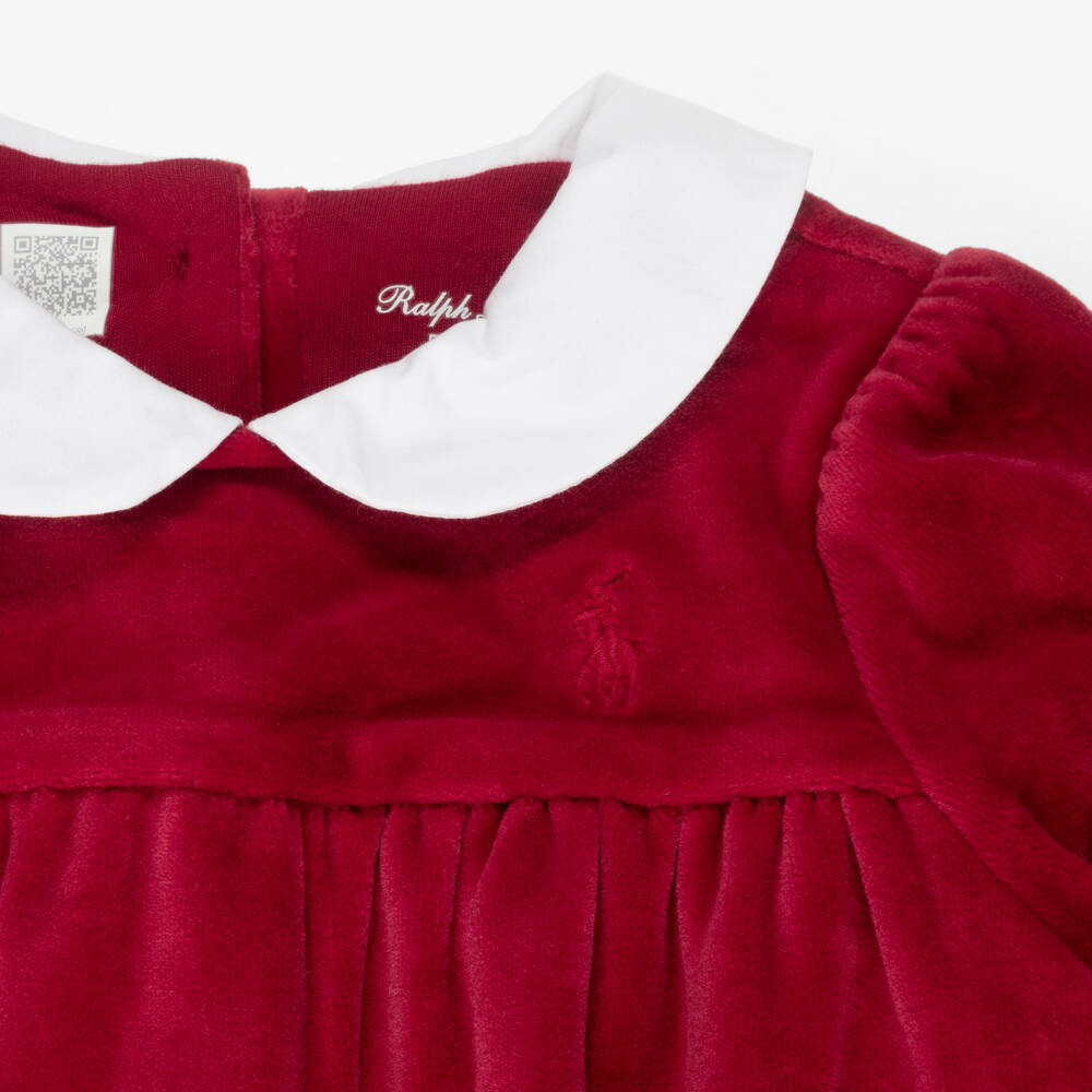 Ralph Lauren-Baby Girls Dark Red Velour Dress | Childrensalon