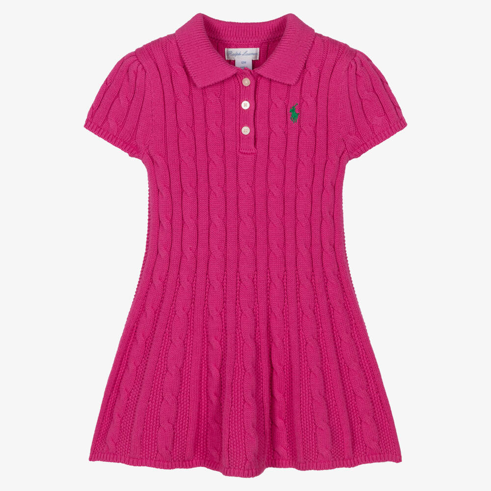 Ralph Lauren-Baby Girls Fuchsia Pink Cable Knit Short Sleeve Dress | Childrensalon