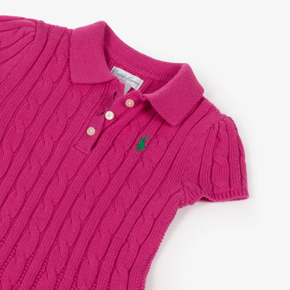 Ralph Lauren-Baby Girls Fuchsia Pink Cable Knit Short Sleeve Dress | Childrensalon