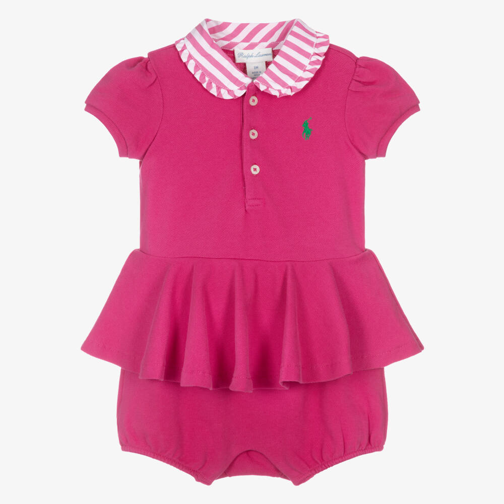 Ralph Lauren-Baby Girls Fuchsia Pink Cotton Piqué Shortie | Childrensalon
