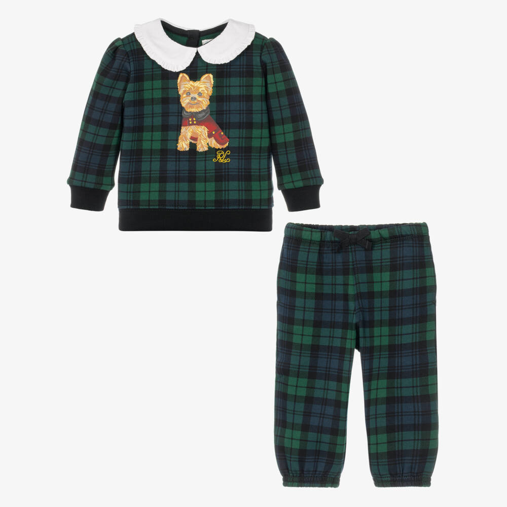 Ralph Lauren-Baby Girls Green & Navy Tartan Trouser Set | Childrensalon