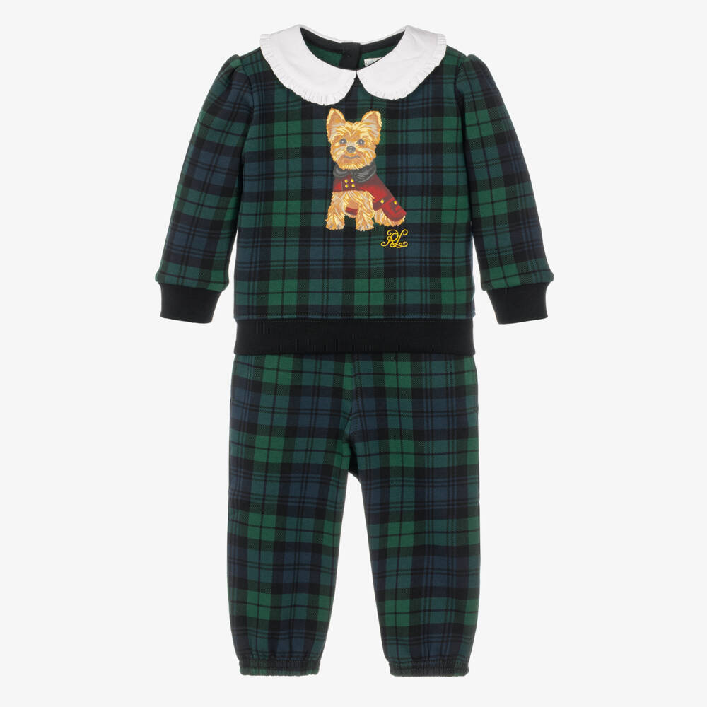 Ralph Lauren-Baby Girls Green & Navy Tartan Trouser Set | Childrensalon