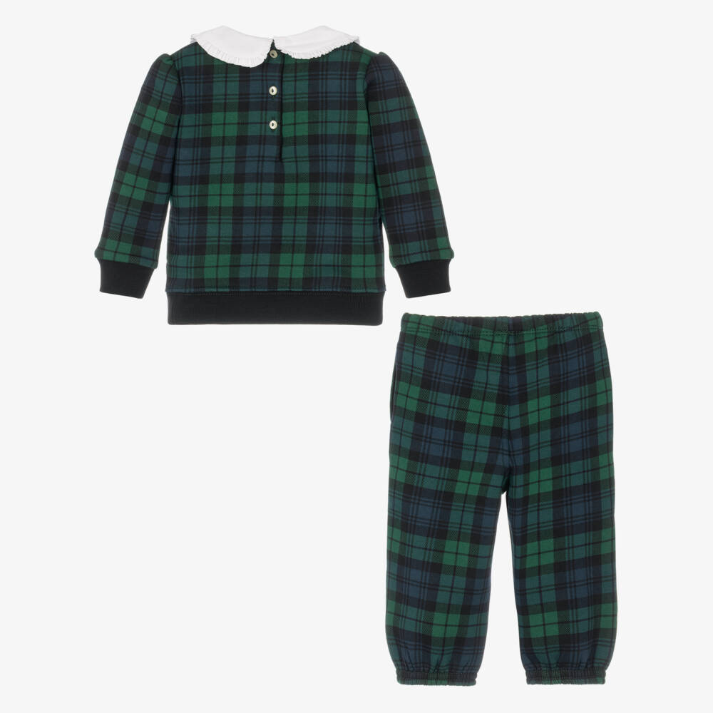 Ralph Lauren-Baby Girls Green & Navy Tartan Trouser Set | Childrensalon