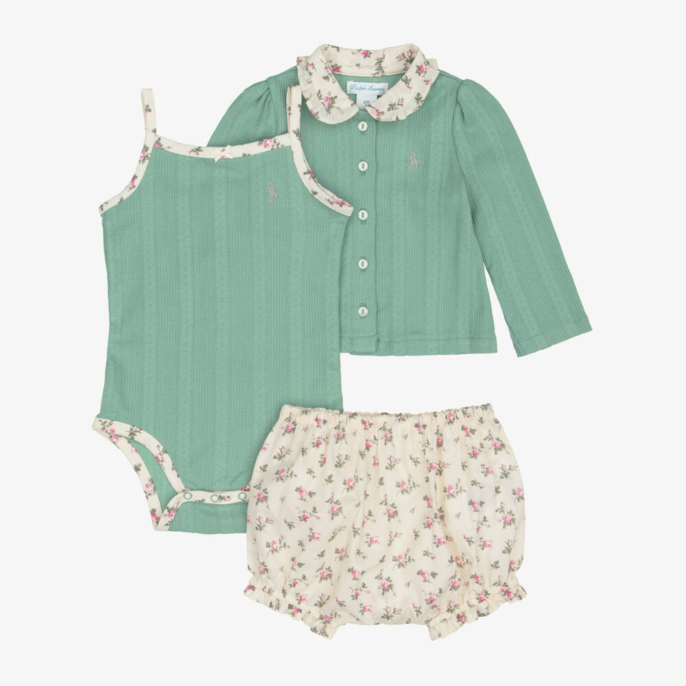 Ralph Lauren-طقم شورت قطن لون أخضر للبنات الرضع | Childrensalon