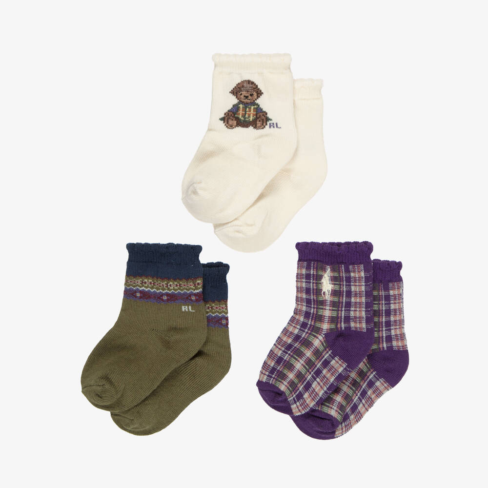 Ralph Lauren-Baby Girls Green & Purple Polo Bear Socks (3 Pack) | Childrensalon
