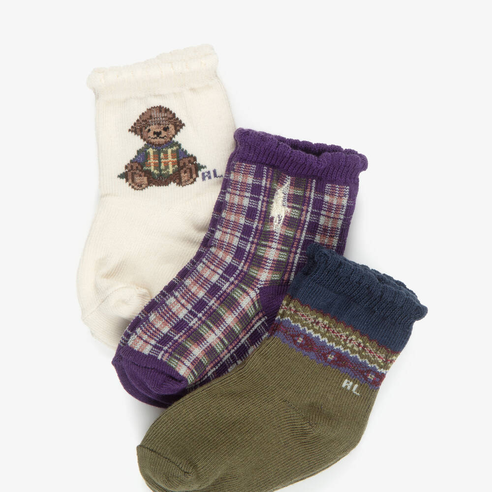 Ralph Lauren-Baby Girls Green & Purple Polo Bear Socks (3 Pack) | Childrensalon