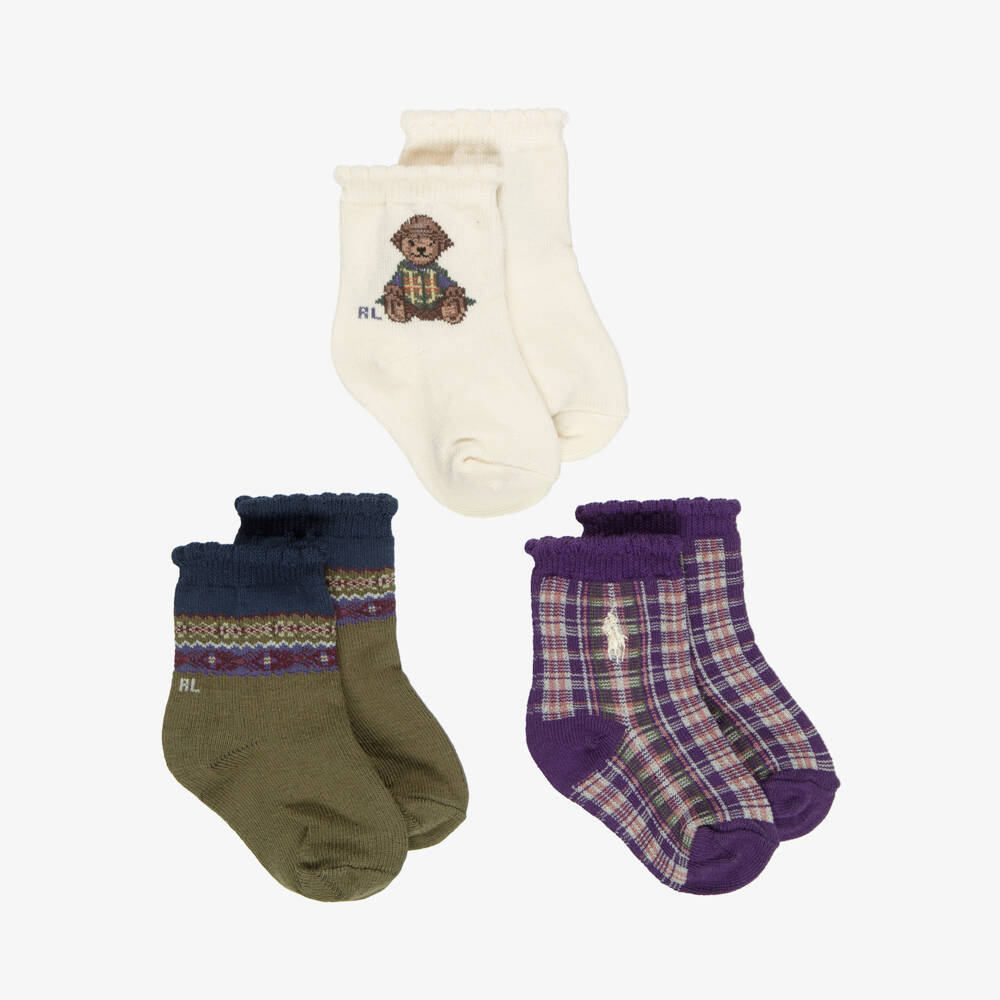 Ralph Lauren-Baby Girls Green & Purple Polo Bear Socks (3 Pack) | Childrensalon