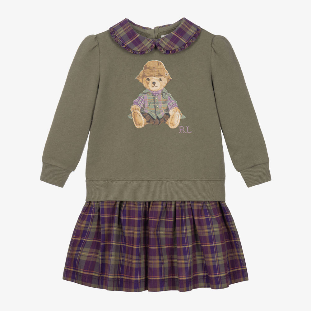 Ralph Lauren-Baby Girls Green & Purple Polo Bear Sweatshirt Dress | Childrensalon