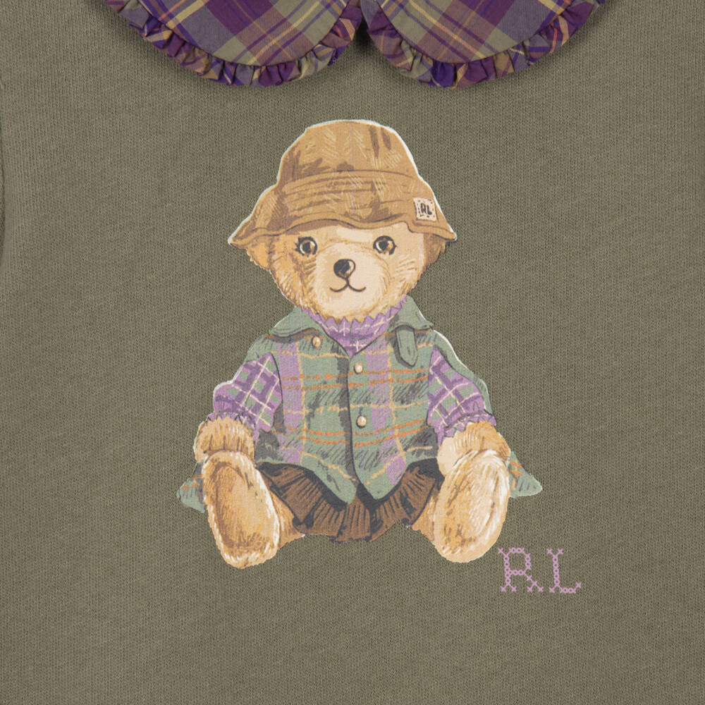 Ralph Lauren-Baby Girls Green & Purple Polo Bear Sweatshirt Dress | Childrensalon